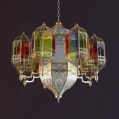 Traditional Middle Eastern Style Chandelier With Colorful Glass Lanterns And Ornate Gold Frame 3d model