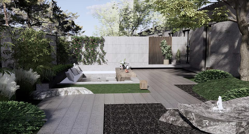 Modern Courtyard Feature Wall Design With Greenery Stone Paving Sofa And Coffee Table 3d model
