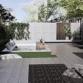 Modern Courtyard Feature Wall Design With Greenery Stone Paving Sofa And Coffee Table 3d model