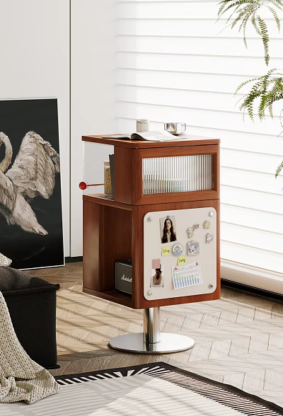 Wooden Modern Side Table With Layered Storage Clear Panel And Decorative Notes 3d model