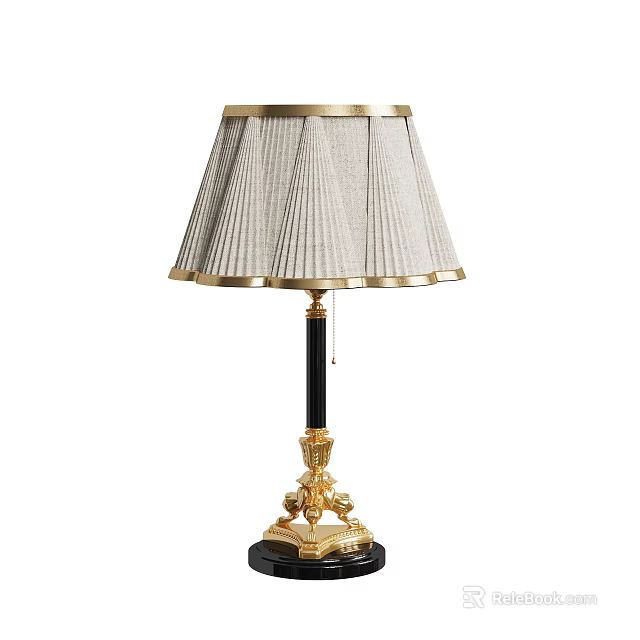 Elegant Table Lamp With Beige Fabric Shade Gold Trim Black Stem And Golden Decorative Base 3d model 