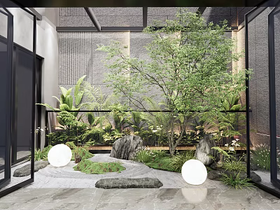 Indoor Miniature Garden Design With Green Plants Stones And Round Lights 3d model