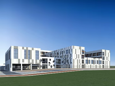 Modern School Building Exterior With White Gray Facade Large Windows Green Lawn Under Blue Sky 3d model