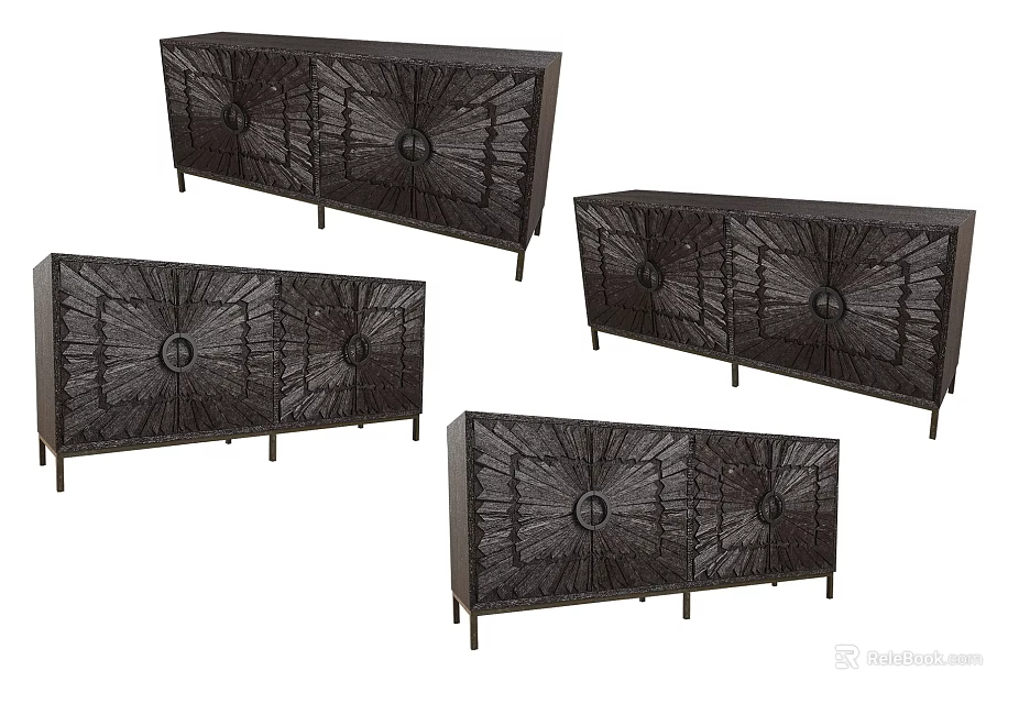 Elegant Decorative Cabinets With Intricate Sunburst Patterns And Metal Legs 3d model 