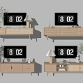 Wooden TV Stand With Woven Doors TV Table Lamp Plant And Decorations