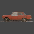 Red Old Rusty Abandoned Car With Dusty Surface And Fallen Leaves Parked Outdoors