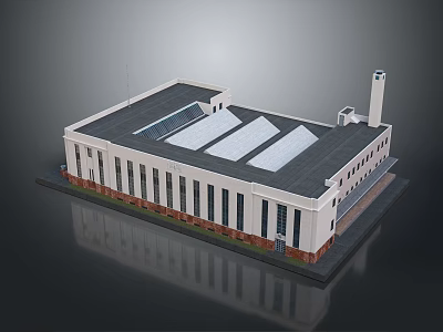 Cartoon Scene Featuring Industrial Style Building White Exterior Dark Roof Multiple Windows and Green Lawn 3d model
