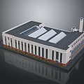 Cartoon Scene Featuring Industrial Style Building White Exterior Dark Roof Multiple Windows and Green Lawn