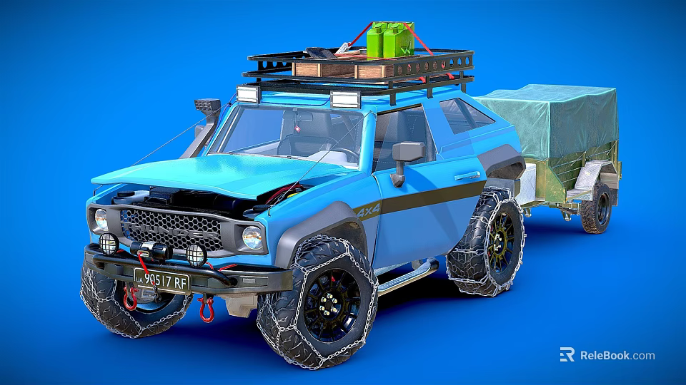 Blue Modified Off Road Car With Roof Rack Luggage And Canvas Covered Trailer 3d model 