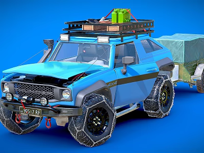 Blue Modified Off Road Car With Roof Rack Luggage And Canvas Covered Trailer 3d model