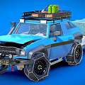 Blue Modified Off Road Car With Roof Rack Luggage And Canvas Covered Trailer