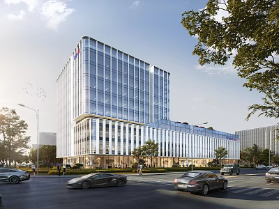 Modern High Rise Industrial Park With Glass Curtain Wall And Greenery Near Busy Road 3d model