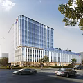 Modern High Rise Industrial Park With Glass Curtain Wall And Greenery Near Busy Road