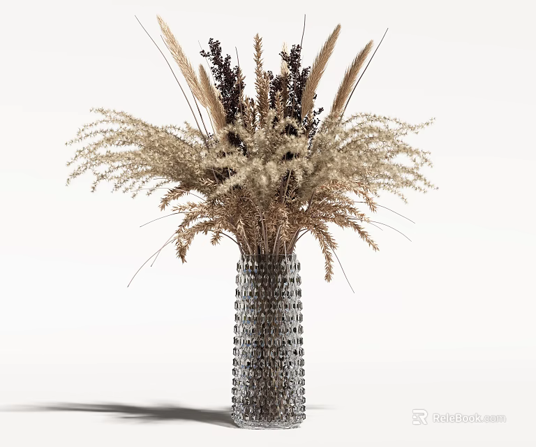 Silver Diamond Patterned Vase With Natural Tones Dried Flowers And Various Grasses 3d model