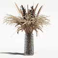 Silver Diamond Patterned Vase With Natural Tones Dried Flowers And Various Grasses 3d model