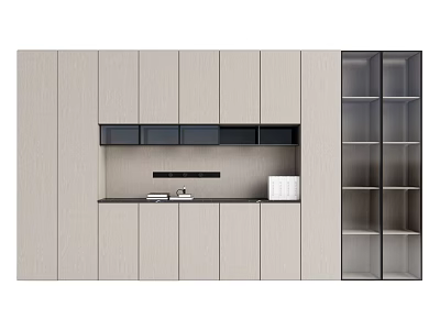Modern Light Wood Bookcase With Glass Doors Open Shelves And Closed Cabinets 3d model