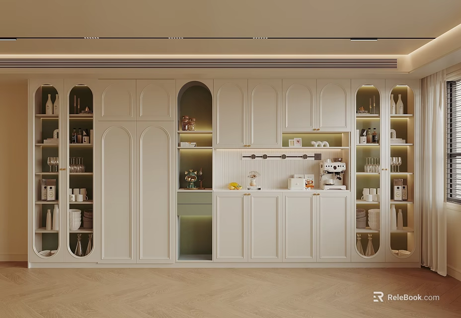 Modern White Sideboard Design With Glass Doors LED Lighting And Storage Cabinets 3d model