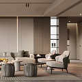 Elegant Living Room With Light Beige Sofa Multiple Cushions Coffee Table Gray Stools Striped Rug
