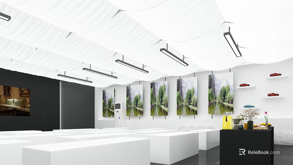 Elegant Banquet Hall Interior With Wavy White Ceiling Long Pendant Lights And Landscape Paintings 3d model 