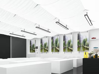 Elegant Banquet Hall Interior With Wavy White Ceiling Long Pendant Lights And Landscape Paintings 3d model