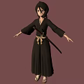 3D Anime Character in Black Kimono with Brown Belt and Sword on Simple Brown Background