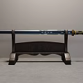 Traditional Chinese Sword With Intricate Carvings And Golden Handle On Wooden Display Stand