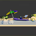 Sand Beach Pool Scene With Purple Slide Deck Chair Colorful Umbrella Palm Tree And Beach Ball