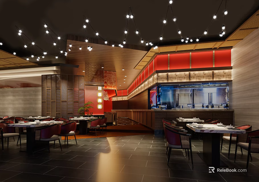 Modern Hot Pot Restaurant Interior With Warm Lighting Comfortable Seating And Wooden Tables 3d model 