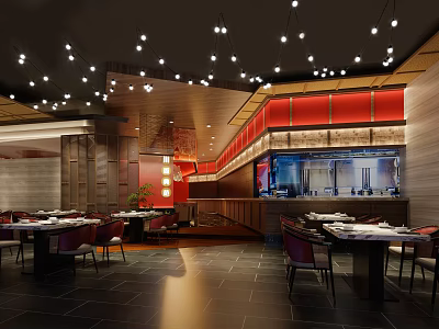 Modern Hot Pot Restaurant Interior With Warm Lighting Comfortable Seating And Wooden Tables 3d model