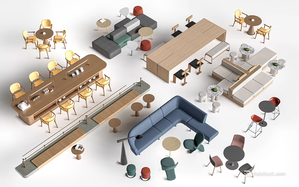 Modern Table And Chair Sets With Various Designs For Dining And Café Interior 3d model 