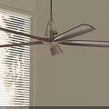 Modern Contemporary Ceiling Fan With Dark Blades Hanging In Room Interior Near Window With Blinds