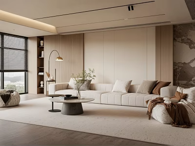 Modern Living Room With Beige Sofa Round Coffee Table Floor Lamp Bookshelf And Large Window 3d model