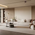 Modern Living Room With Beige Sofa Round Coffee Table Floor Lamp Bookshelf And Large Window
