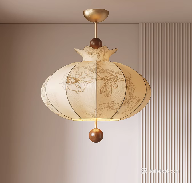 Chinese Style Lantern Shaped Chandelier With Beige Floral Pattern And Wooden Bead Decoration 3d model 