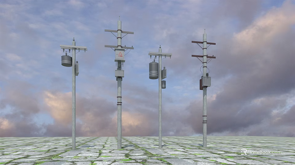 Roadside Utility Poles with Electrical Equipment and Communication Lines Under Cloudy Sky 3d model 