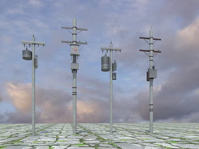 Roadside Utility Poles with Electrical Equipment and Communication Lines Under Cloudy Sky 3d model