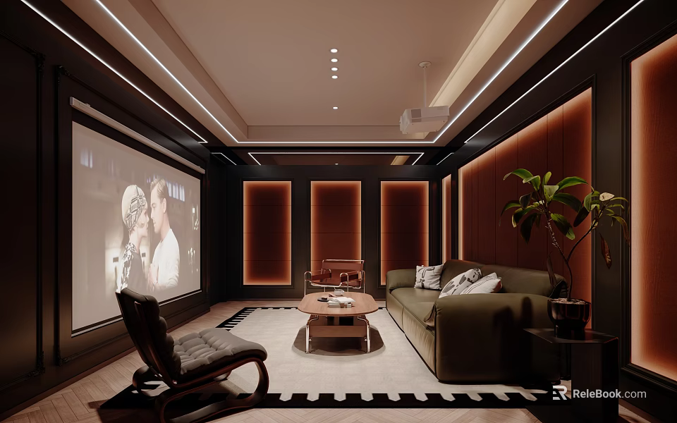Modern Home Theater Interior With Large Projection Screen Green Sofa Leather Chair And Coffee Table 3d model 