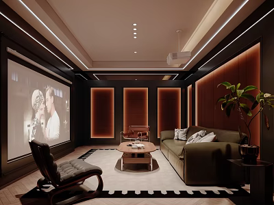 Modern Home Theater Interior With Large Projection Screen Green Sofa Leather Chair And Coffee Table 3d model