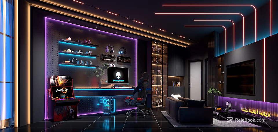 Gaming Room Interior Setup With Neon Lights Game Gear Display And Comfortable Sofa 3d model 