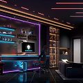 Gaming Room Interior Setup With Neon Lights Game Gear Display And Comfortable Sofa 3d model