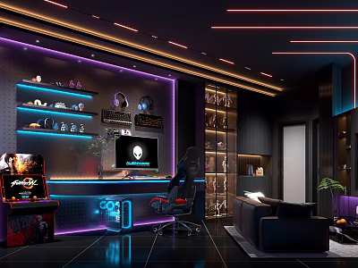 Gaming Room Interior Setup With Neon Lights Game Gear Display And Comfortable Sofa 3d model