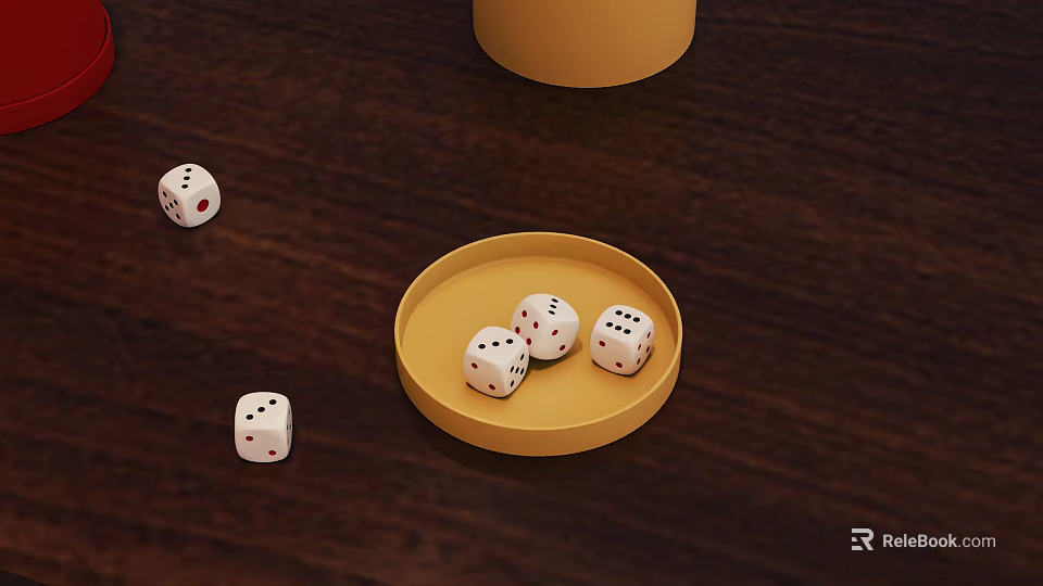 Bar Setting Featuring Yellow Tray and White Dice on Dark Wooden Tabletop 3d model 