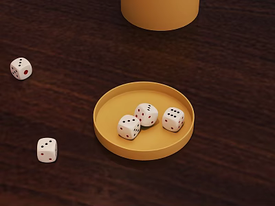 Bar Setting Featuring Yellow Tray and White Dice on Dark Wooden Tabletop 3d model