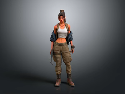 A Woman In White Tank Top And Khaki Cargo Pants With Jacket Draped Over Shoulders 3d model