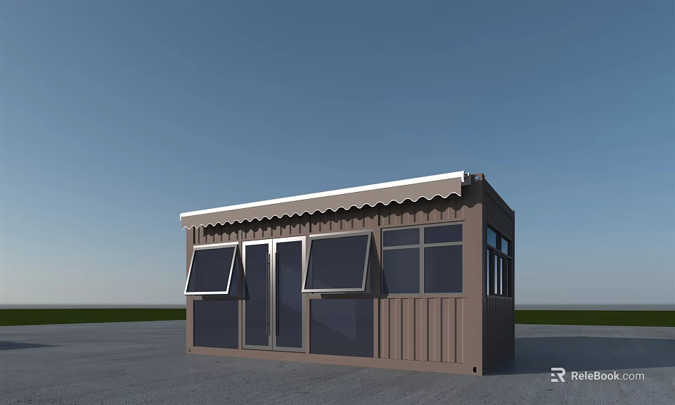 Brown Container Building With Awning Roof Windows Door And Open Area Design 3d model 
