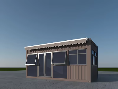 Brown Container Building With Awning Roof Windows Door And Open Area Design 3d model