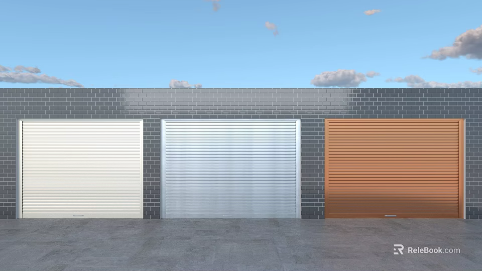 Three Colored Garage Doors With Brick Wall And Blue Sky Background 3d model 