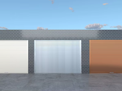 Three Colored Garage Doors With Brick Wall And Blue Sky Background 3d model