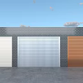 Three Colored Garage Doors With Brick Wall And Blue Sky Background