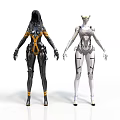 Futuristic Sci Fi Characters And Creatures With Black Orange And White Gold Armored Suits